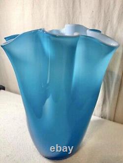 Turquoise Cased Murano Italy Glass Vase WithWhite Sommerso Interior Circa 1960 15