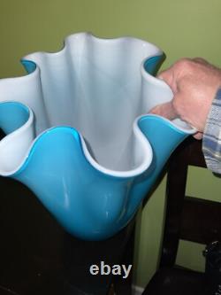 Turquoise Cased Murano Italy Glass Vase WithWhite Sommerso Interior Circa 1960 15