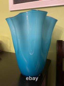 Turquoise Cased Murano Italy Glass Vase WithWhite Sommerso Interior Circa 1960 15