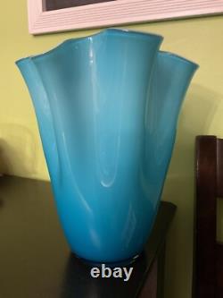Turquoise Cased Murano Italy Glass Vase WithWhite Sommerso Interior Circa 1960 15