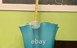 Turquoise Cased Murano Italy Glass Vase WithWhite Sommerso Interior Circa 1960 15