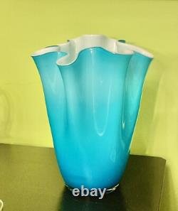 Turquoise Cased Murano Italy Glass Vase WithWhite Sommerso Interior Circa 1960 15