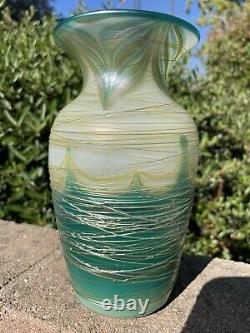 Turquoise, Cream And Gold Swirl Luster Vase By Saul Alcaraz