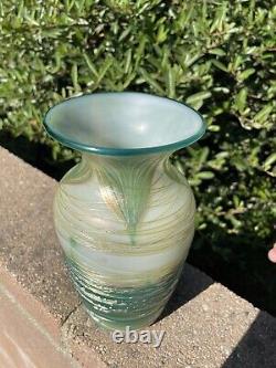 Turquoise, Cream And Gold Swirl Luster Vase By Saul Alcaraz