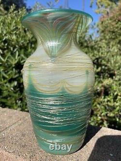 Turquoise, Cream And Gold Swirl Luster Vase By Saul Alcaraz