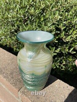 Turquoise, Cream And Gold Swirl Luster Vase By Saul Alcaraz