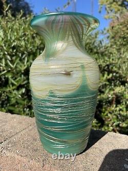 Turquoise, Cream And Gold Swirl Luster Vase By Saul Alcaraz