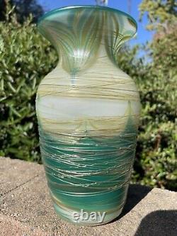 Turquoise, Cream And Gold Swirl Luster Vase By Saul Alcaraz