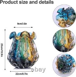 Turquoise Glass Vase, Hand Blown Wide Mouth Teal Blue Glass, Murano Style Modern
