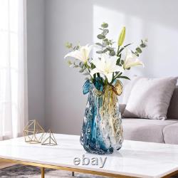 Turquoise Glass Vase, Hand Blown Wide Mouth Teal Blue Glass, Murano Style Modern