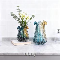 Turquoise Glass Vase, Hand Blown Wide Mouth Teal Blue Glass, Murano Style Modern