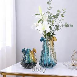 Turquoise Glass Vase, Hand Blown Wide Mouth Teal Blue Glass, Murano Style Modern