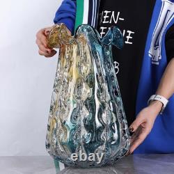 Turquoise Glass Vase, Hand Blown Wide Mouth Teal Blue Glass, Murano Style Modern