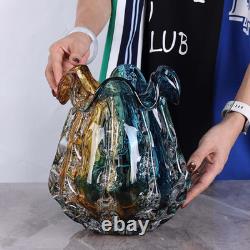 Turquoise Glass Vase, Hand Blown Wide Mouth Teal Blue Glass, Murano Style Modern