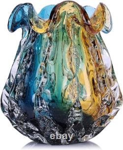Turquoise Glass Vase, Hand Blown Wide Mouth Teal Blue Glass, Murano Style Modern