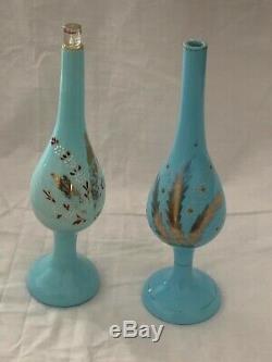 Two antique 19th century Ottoman Turkish beykoz blue glass opaline rosewater spr