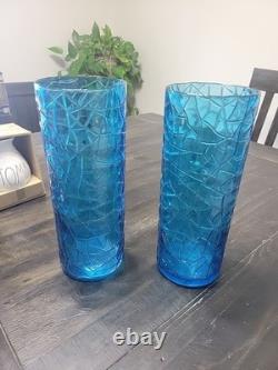 UCAGCO Made In Italy Mid Century Tall Textured Blue Glass Vase Pair