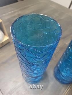 UCAGCO Made In Italy Mid Century Tall Textured Blue Glass Vase Pair