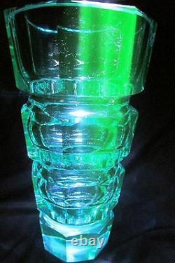 UNIQUE AQUAMARINE URANIUM CUT GLASS FACETED VASE MOSER 9.65 tall #2