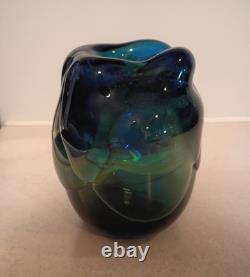 Unique 1972 Signed William Bartlett 5.25 Blue Swirl Art Glass Paperweight Vase