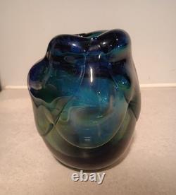 Unique 1972 Signed William Bartlett 5.25 Blue Swirl Art Glass Paperweight Vase