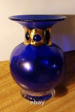 Unique Cobalt Blue Hand-Blown Art Glass Vase with Gold Cuffed Neck Anthony Stern