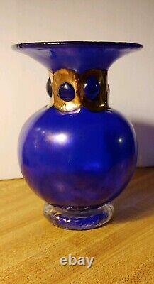 Unique Cobalt Blue Hand-Blown Art Glass Vase with Gold Cuffed Neck Anthony Stern