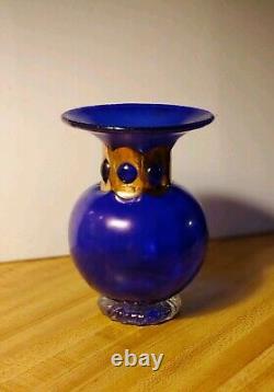 Unique Cobalt Blue Hand-Blown Art Glass Vase with Gold Cuffed Neck Anthony Stern