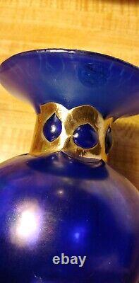 Unique Cobalt Blue Hand-Blown Art Glass Vase with Gold Cuffed Neck Anthony Stern
