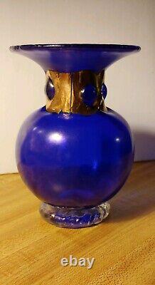 Unique Cobalt Blue Hand-Blown Art Glass Vase with Gold Cuffed Neck Anthony Stern