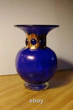 Unique Cobalt Blue Hand-Blown Art Glass Vase with Gold Cuffed Neck Anthony Stern