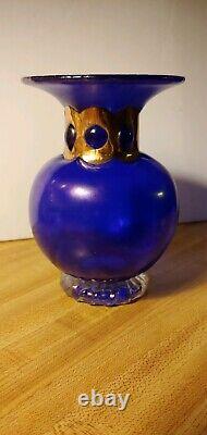 Unique Cobalt Blue Hand-Blown Art Glass Vase with Gold Cuffed Neck Anthony Stern