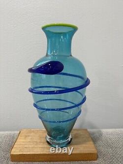 Unmarked Attributed to David Levi Ibex Blue Art Glass Vase with Applied Swirl