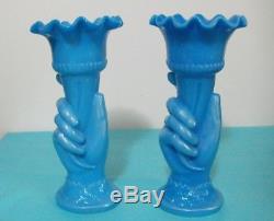 Unusual Pair of Westmoreland Blue Milk Glass Hand Vases