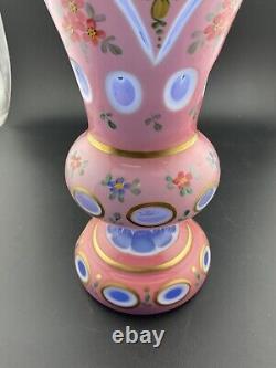 Unusual czech overlay glass vase blue white and pink