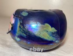 Unusual hand blown iridescent Pearson studio art glass blue vase sculpture