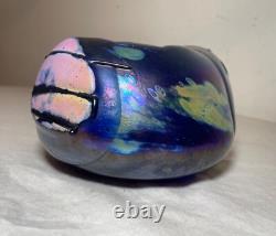 Unusual hand blown iridescent Pearson studio art glass blue vase sculpture