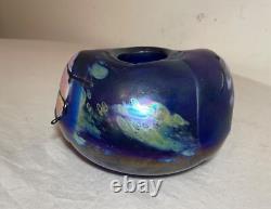 Unusual hand blown iridescent Pearson studio art glass blue vase sculpture