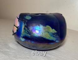 Unusual hand blown iridescent Pearson studio art glass blue vase sculpture