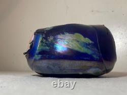 Unusual hand blown iridescent Pearson studio art glass blue vase sculpture