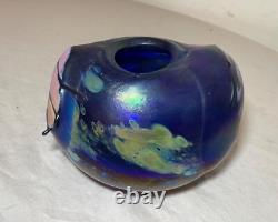 Unusual hand blown iridescent Pearson studio art glass blue vase sculpture