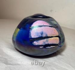 Unusual hand blown iridescent Pearson studio art glass blue vase sculpture
