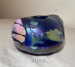 Unusual hand blown iridescent Pearson studio art glass blue vase sculpture