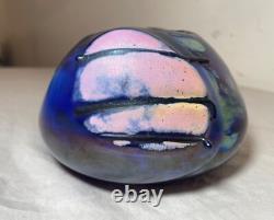 Unusual hand blown iridescent Pearson studio art glass blue vase sculpture