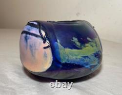 Unusual hand blown iridescent Pearson studio art glass blue vase sculpture