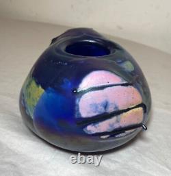 Unusual hand blown iridescent Pearson studio art glass blue vase sculpture