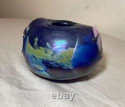 Unusual hand blown iridescent Pearson studio art glass blue vase sculpture
