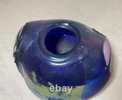 Unusual hand blown iridescent Pearson studio art glass blue vase sculpture