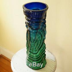 Uranium Glass Vase VTG 16 Art Glass Vase Bark Texture Cobalt Blue Green Cased
