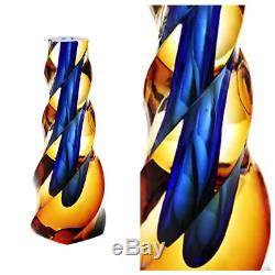 V Large Art Glass Submerged Twist Vase Pavel Exbor Royal Blue Amber 25cm